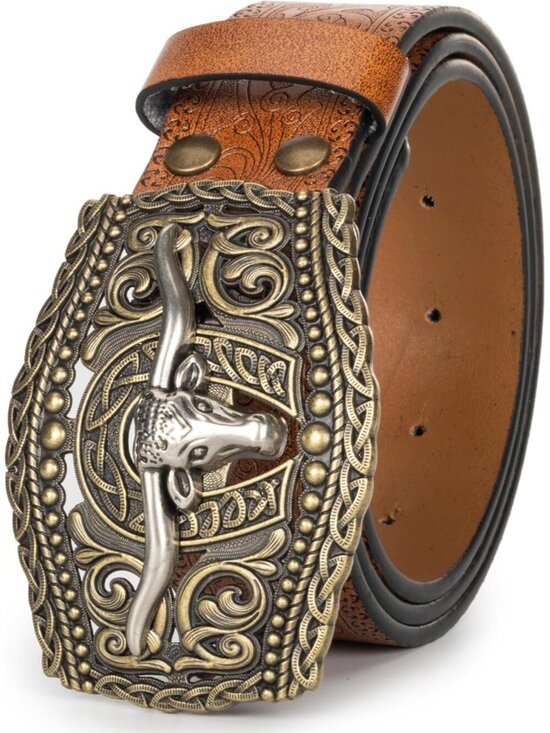 Women\'s Brown 3 Western Pu Leather Longhorn Bull Turquoise Embossed Buckle Belt main image 5